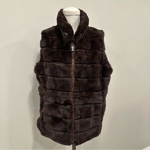 LINDA RICHARDS Rex Rabbit Fur Vest Brown with Zipper High Collar Size Large